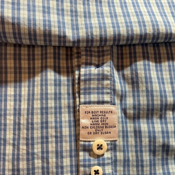 Peter Millar Mens L Plaid Dress Shirt Blue Tan Check 100% Cotton Button Down top - Picture 13 of 14